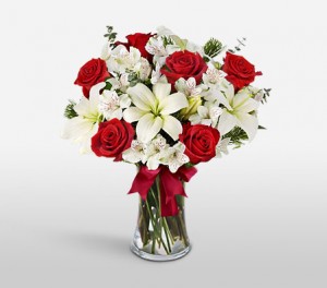 Red Roses And White Asiatic Lilies