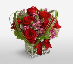 Ruby Cube Heart Shaped Rose Arrangement