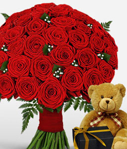 50 Red Roses With Teddy and Chocolates