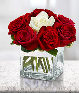 Red N White Roses In Cube