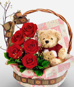 Red Roses in Basket with Teddy