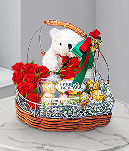 Romantic Gift - Red Roses, Teddy and Chocolates