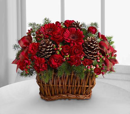 Christmas Basket-Red,Carnation,Mixed Flower,Rose,Arrangement,Basket