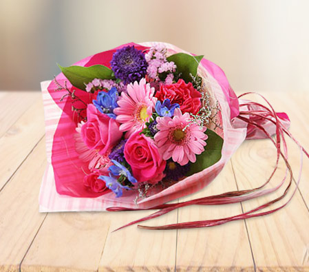 Token Of Love-Blue,Pink,Purple,Daisy,Gerbera,Rose,Bouquet