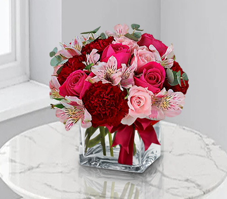 Charming Posies-Mixed,Pink,Red,Alstroemeria,Carnation,Mixed Flower,Rose,Arrangement