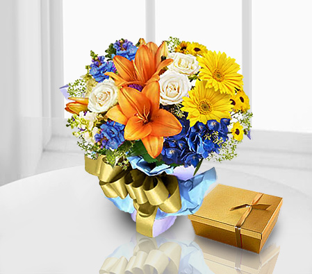 Dreamy Shades-Blue,Mixed,Orange,White,Yellow,Chocolate,Daisy,Gerbera,Iris,Lily,Mixed Flower,Bouquet