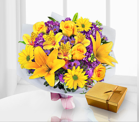 Bright Hues-Mixed,Purple,Yellow,Chocolate,Daisy,Hydrangea,Lily,Mixed Flower,Rose,Bouquet