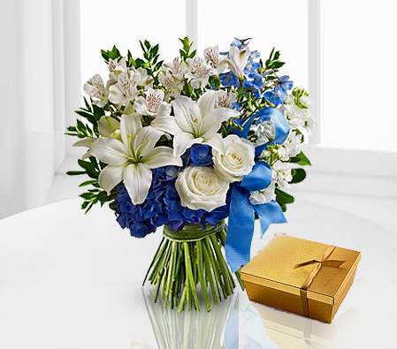 Cool Splash-Blue,Mixed,White,Chocolate,Mixed Flower,Orchid,Rose,Bouquet