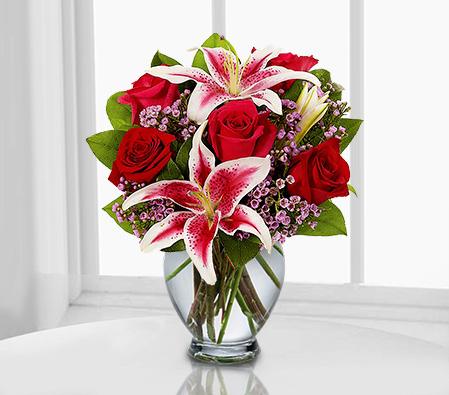 Stargazer Duet-Pink,Red,Lily,Rose,Arrangement