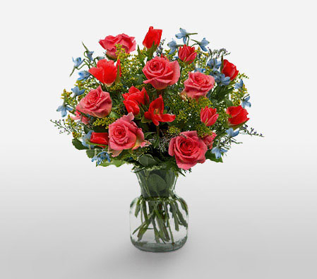 Mayflower-Blue,Mixed,Pink,Red,Mixed Flower,Rose,Arrangement