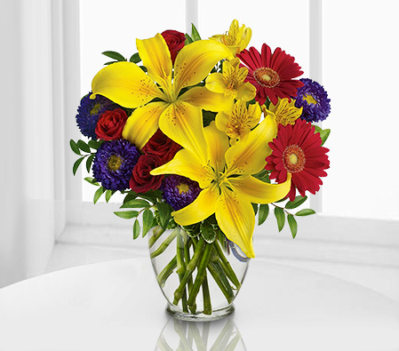 Vibrant Blooms-Mixed,Purple,Red,Yellow,Alstroemeria,Gerbera,Lily,Mixed Flower,Rose,Arrangement