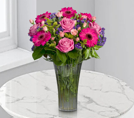 Pink Birthday Arrangement-Lavender,Pink,Gerbera,Mixed Flower,Rose,Arrangement