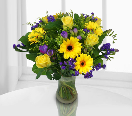 Joyous Moments-Mixed,Purple,Yellow,Rose,Gerbera,Arrangement