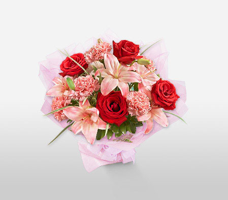 Fusion-Pink,Red,Carnation,Lily,Rose,Bouquet