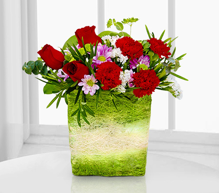 Chloe-Green,Red,Carnation,Rose,Arrangement