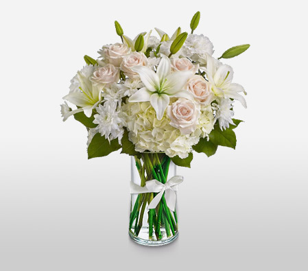 Astra-White,Hydrangea,Lily,Rose,Arrangement