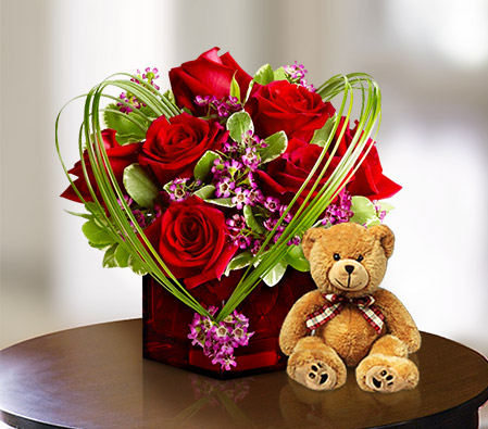 Ruby Cube-Red,Rose,Teddy,Arrangement