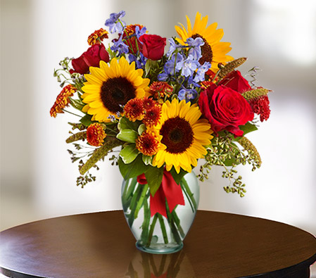 Elements Of Elegance-Lavender,Mixed,Orange,Purple,Yellow,Chrysanthemum,Mixed Flower,Rose,SunFlower,Arrangement