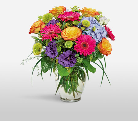 Simply Glorious-Blue,Mixed,Pink,Yellow,Daisy,Hydrangea,Mixed Flower,Rose,Arrangement