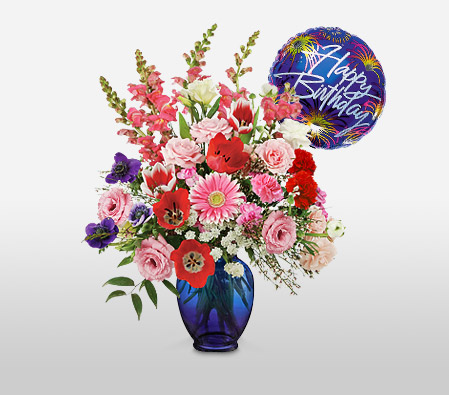 Birthday Fireworks-Mixed,Pink,Purple,Red,White,Gerbera,Daisy,Chrysanthemum,Carnation,Balloons,Mixed Flower,Arrangement