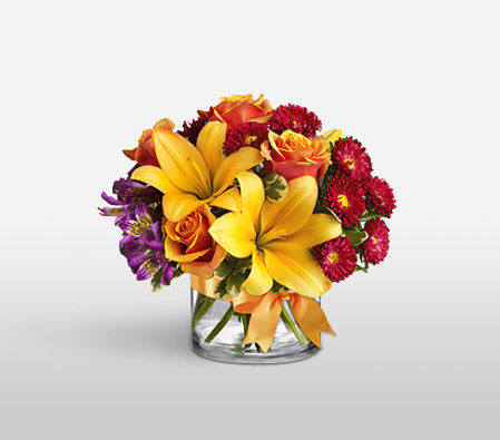 Autumn Beauty-Mixed,Purple,Red,Yellow,Alstroemeria,Lily,Mixed Flower,Rose,Arrangement