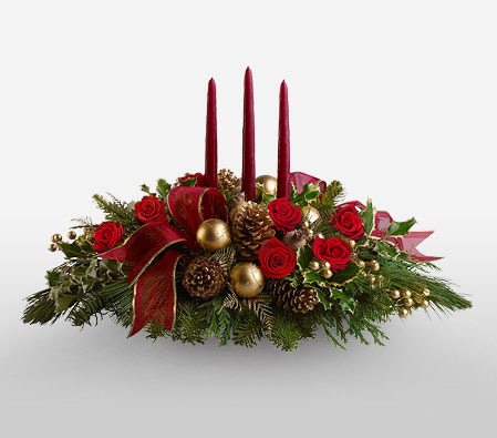 Candlelight Christmas Centerpiece-Green,Red,Mixed Flower,Rose,Candle,Centerpiece,Arrangement