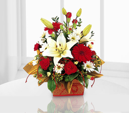 Festive Holiday Arrangement-Red,White,Carnation,Daisy,Gerbera,Lily,Bouquet