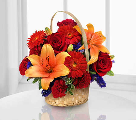 Flaming Hues - Mixed Arrangement-Orange,Red,Carnation,Gerbera,Lily,Rose,Arrangement,Basket