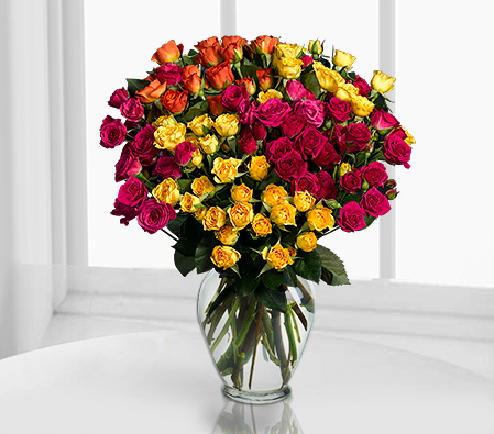 Fantasia 18 Long Stem Roses-Pink,Red,Mixed,Yellow,Orange,Rose,Arrangement