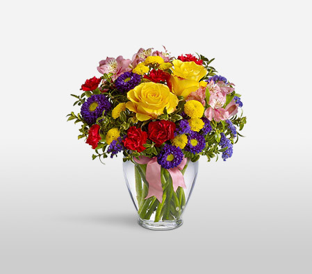 Sweetest Wishes-Red,Mixed,Violet,Orange,Yellow,Purple,Carnation,Chrysanthemum,Rose,Alstroemeria,Arrangement