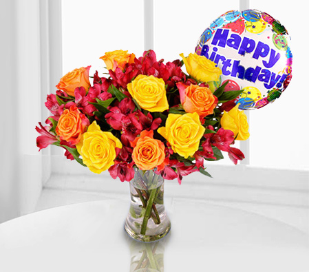 Happy Birthday To You-Red,Mixed,Orange,Freesia,Rose,Bouquet