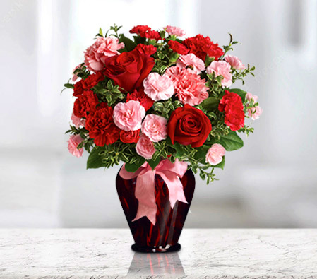 Hugs And Kisses-Pink,Red,Carnation,Rose,Arrangement,Bouquet