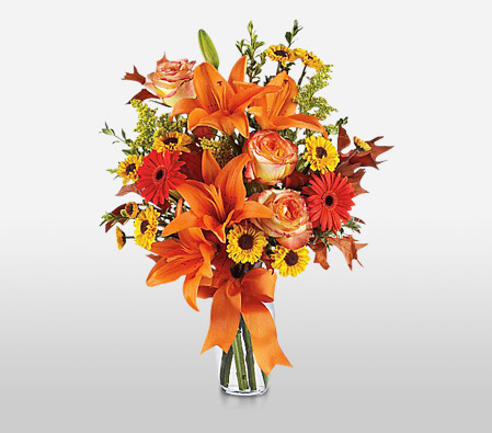 Autumn Spell-Green,Orange,Yellow,Chrysanthemum,Gerbera,Lily,Bouquet