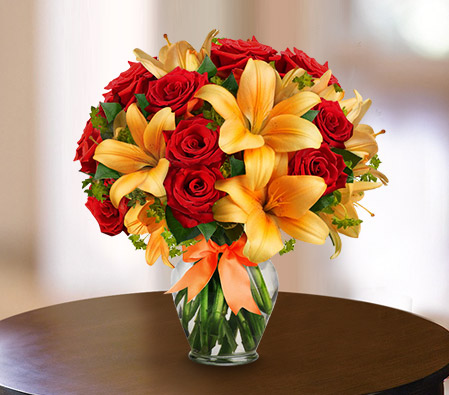 Splendid Arrangement-Orange,Red,Lily,Rose,Arrangement