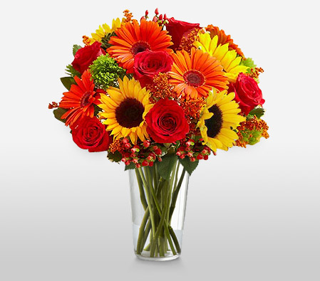 Full Of Energy-Mixed,Orange,Red,Yellow,Gerbera,Rose,SunFlower,Bouquet