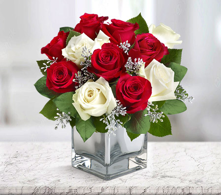 Winter Christmas - Red and White Roses-Green,Red,White,Rose,Bouquet