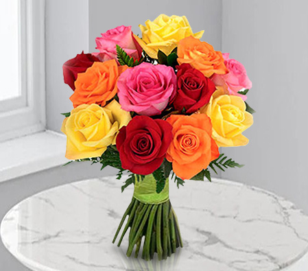 1 Dozen Mixed Roses Bouquet-Mixed,White,Orange,Yellow,Pink,Red,Rose,Bouquet