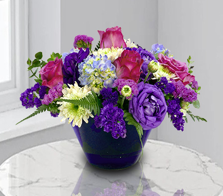 Graceful Mixed Flowers-Blue,Green,Pink,Hydrangea,Rose,Arrangement