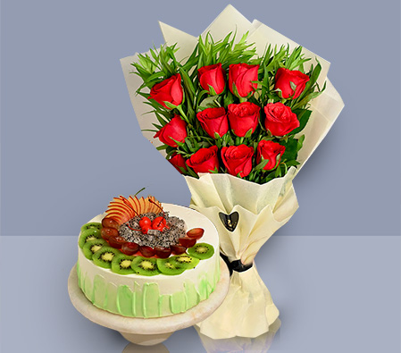 Mix Fruit Cake N Endearing Scarlet Roses