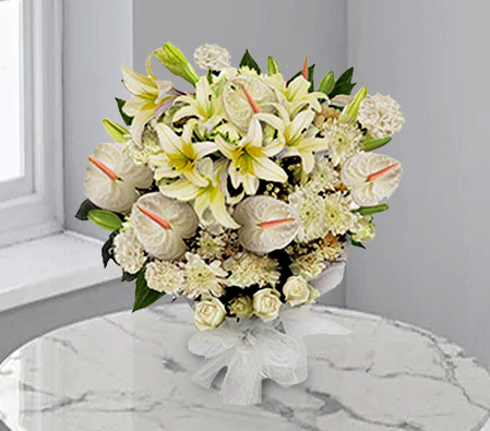 Simply Ivory-White,Lily,Chrysanthemum,Carnation,Anthuriums,Mixed Flower,Bouquet