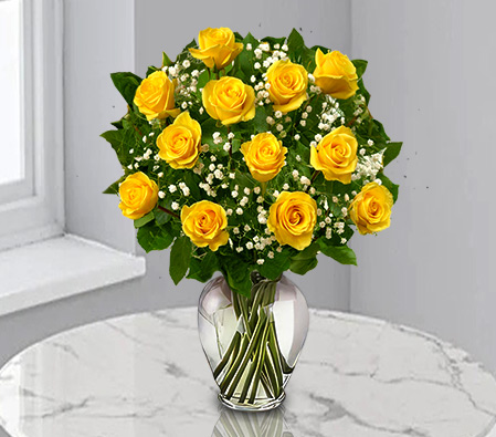 One Dozen Yellow Roses-Yellow,Rose,Bouquet