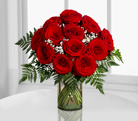 12 Cherry Red Roses-Red,Rose,Arrangement