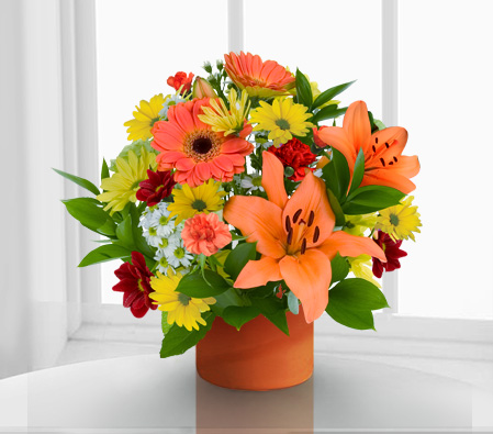 Posy Arrangement-Mixed,Orange,Red,Yellow,Carnation,Daisy,Lily,Mixed Flower,Bouquet