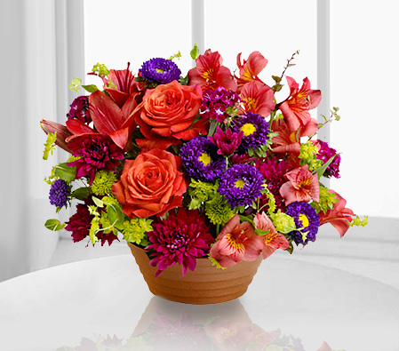 Rushmore-Mixed,Orange,Purple,Red,Alstroemeria,Chrysanthemum,Lily,Mixed Flower,Rose,Arrangement