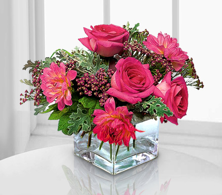 Mystical Dreams - Pink Flowers in Cube Vase-Pink,Dahlia,Gerbera,Rose,Arrangement