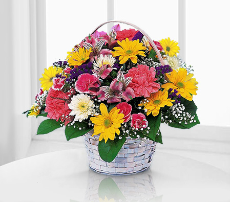 Simple Pleasures-Mixed,Pink,Yellow,Alstroemeria,Carnation,Chrysanthemum,Mixed Flower,Basket