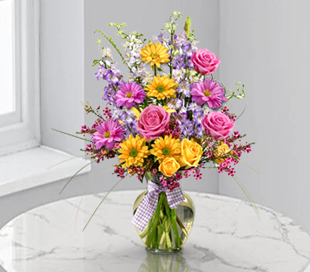 Geneva-Mixed,Pink,Yellow,Daisy,Mixed Flower,Rose,Arrangement