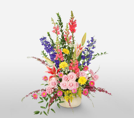 Garden Party-Blue,Mixed,Pink,Yellow,Gerbera,Lily,Mixed Flower,Rose,Arrangement,Basket