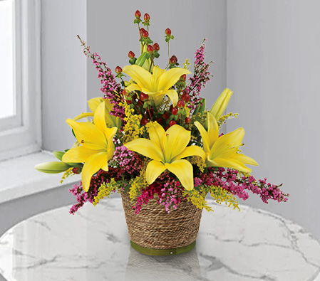 Delightful Sunshine-Pink,Yellow,Lily,Mixed Flower,Arrangement