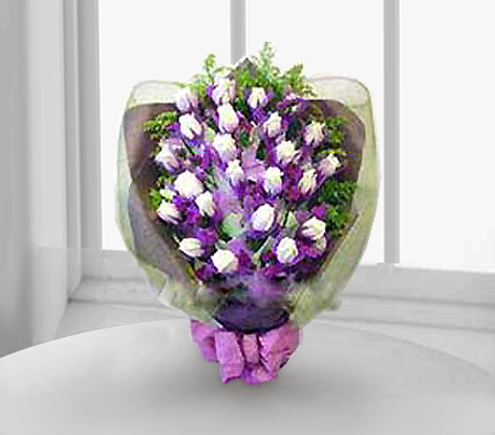 18 White Roses-Purple,White,Rose,Bouquet